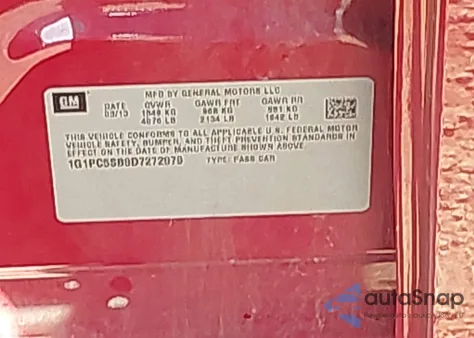 2013 Chevrolet Cruze 1Lt Auto z USA, uszkodzony, nr VIN 1G1PC5SB8D7272979